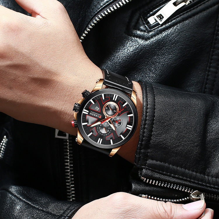 Men's Silver Black Multi-Hand Quartz Watch - Leather Strap