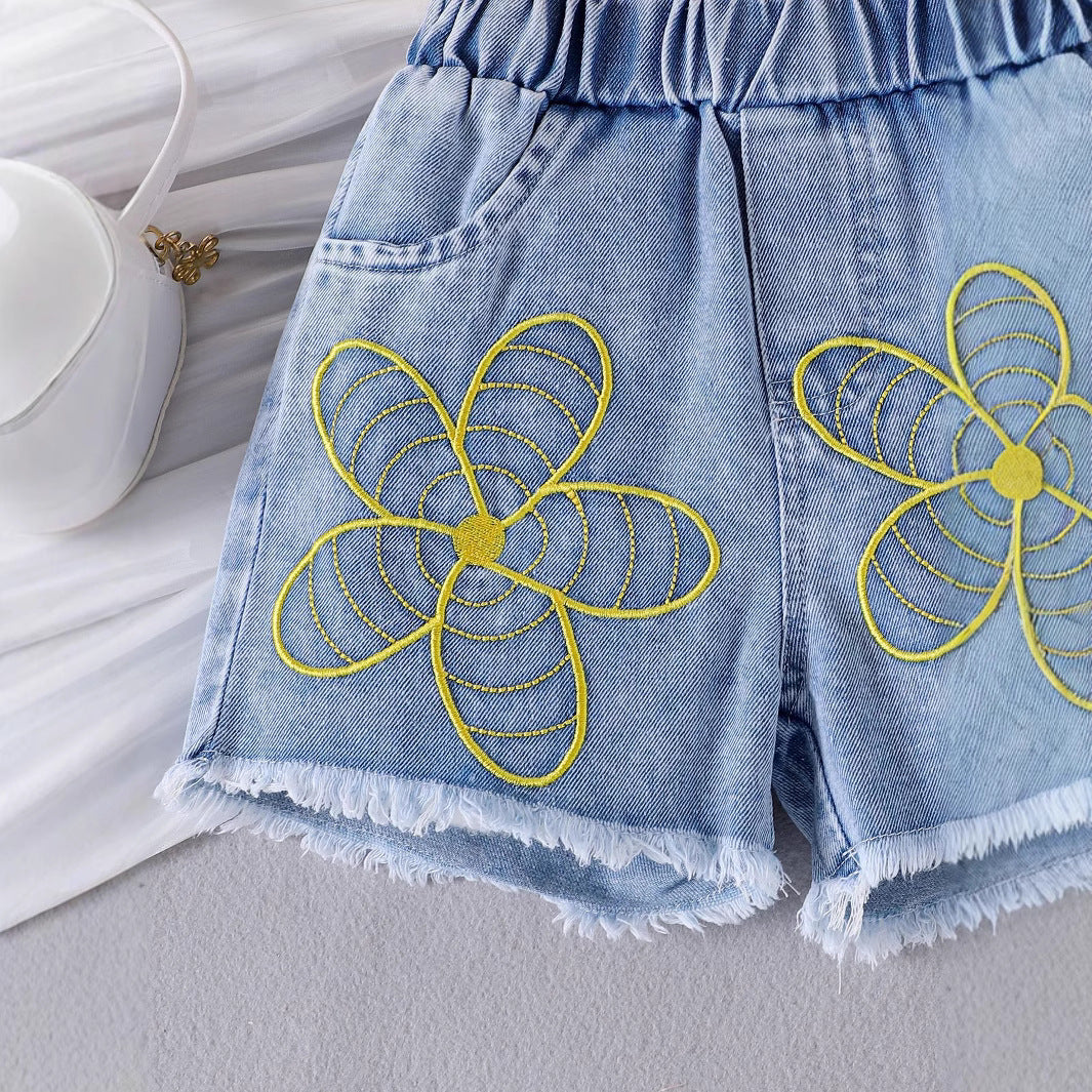 Foreign trade cross-border European and American summer sweet cool girl suits small and medium children's shorts camisole vest flower shorts new products
