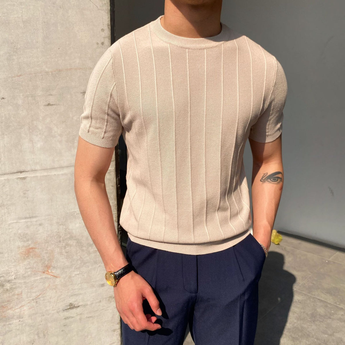 Men's Black Knit T-Shirt - Crew Neck, Short Sleeve