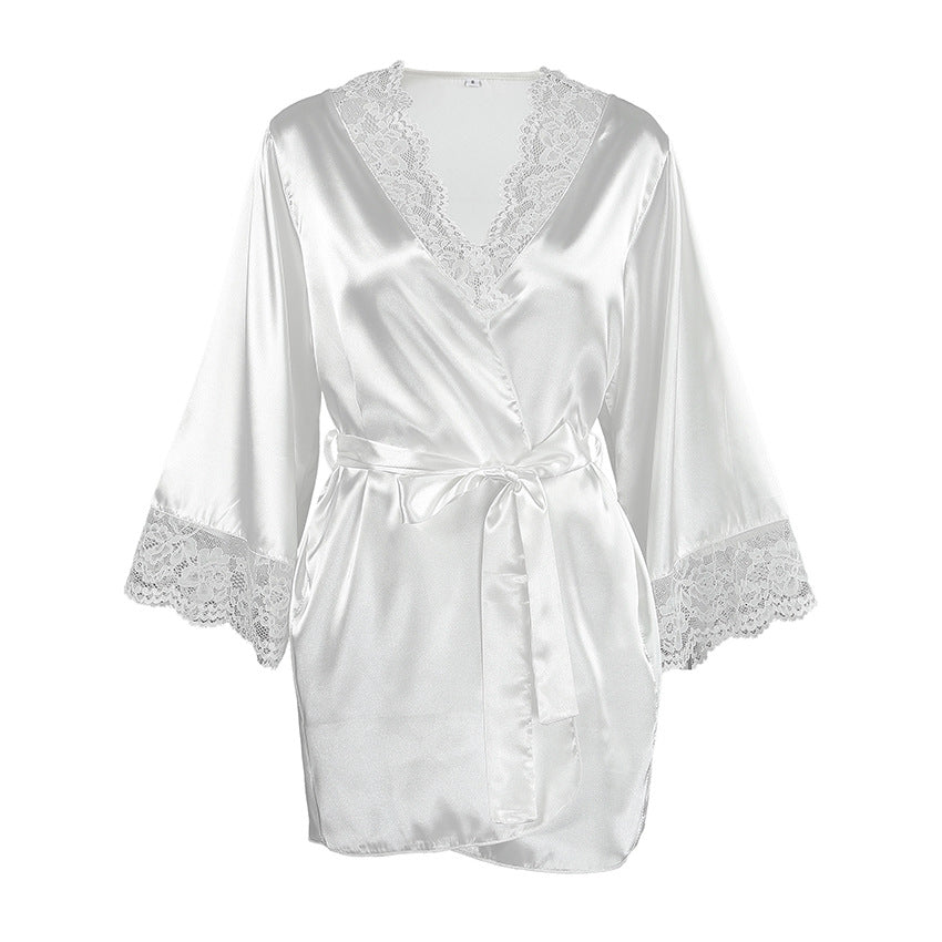 Satin lace-trimmed long-sleeved loose-fitting pajamas/robe with drawstring, 2026 European and American spring/summer new style women's loungewear.