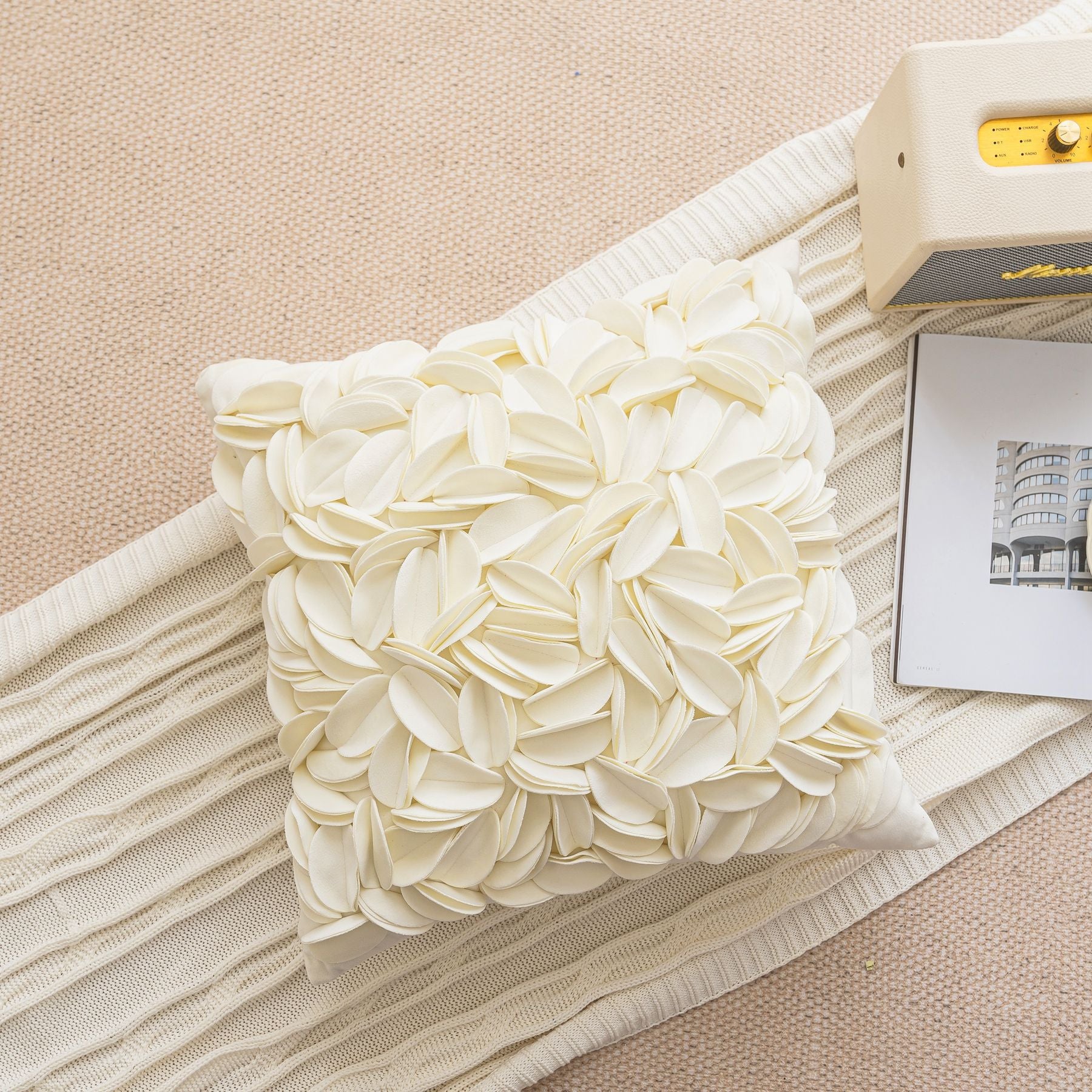 New minimalist luxury style handmade decorative pillowcase, solid color petal-patterned double-layered sofa cushion/bed backrest.