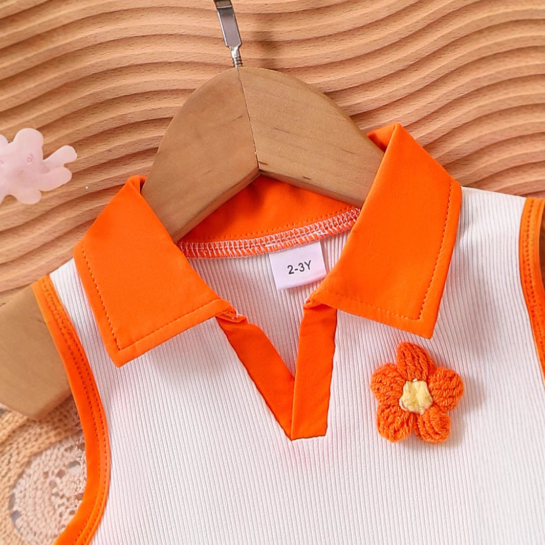 Cross-border foreign trade children's clothing European and American summer girls lapel sleeveless flower contrast vest lace denim shorts suit