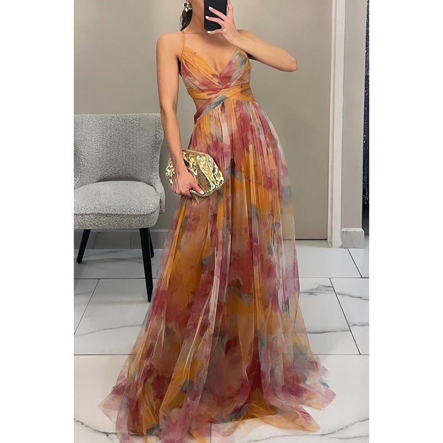 Cross-border 2025 European and American Spring/Summer New Mesh Printed Sundress, INS Vacation Casual Party Dress