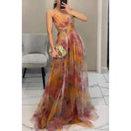 Cross-border 2025 European and American Spring/Summer New Mesh Printed Sundress, INS Vacation Casual Party Dress