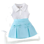Cross-border European and American summer casual girls suits, sleeveless lapel tops for small and medium-sized children, bow short skirt two-piece suit