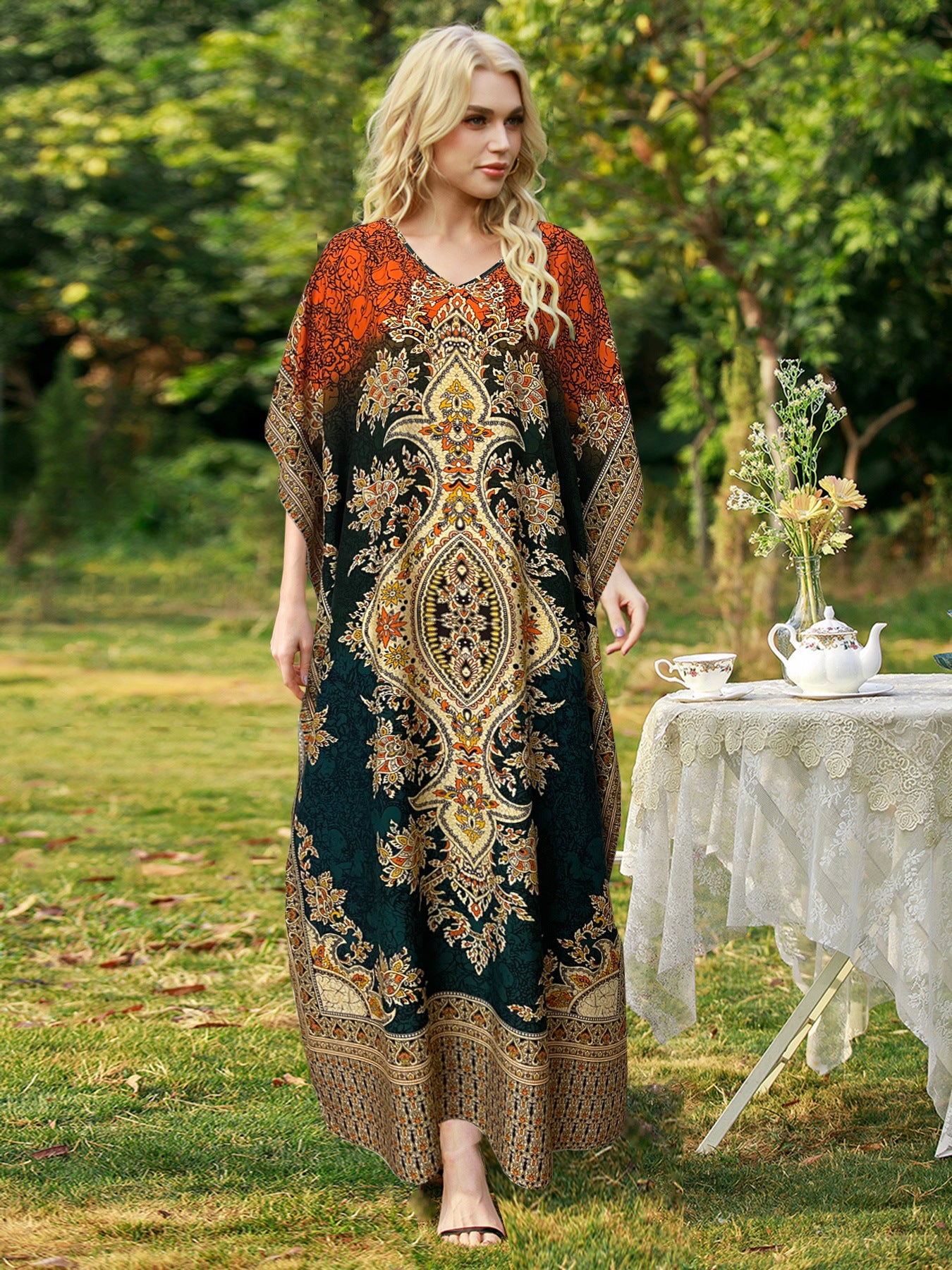 New European and American spring/summer women's bohemian print dress, plus size loose robe, Amazon beach vacation style.