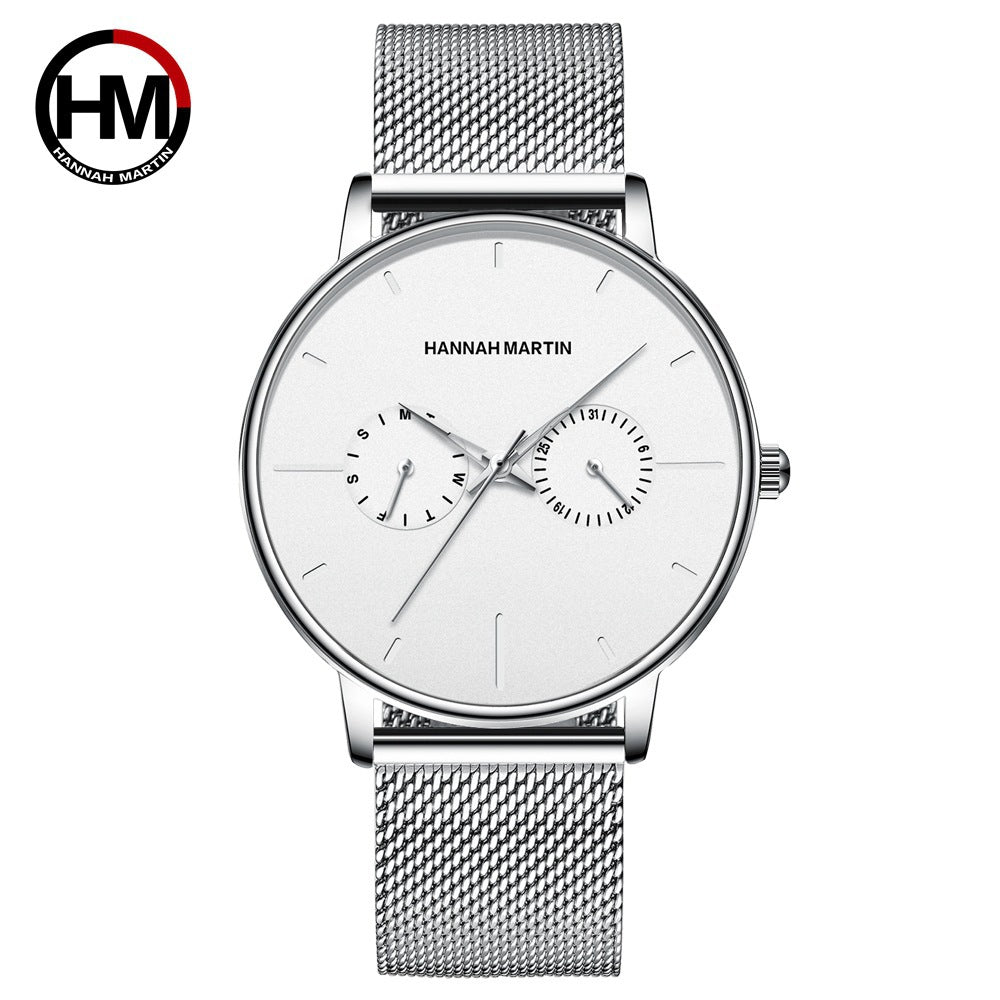 Men's multifunctional waterproof quartz watch top layer cowhide watch student trend niche brand ins business watch