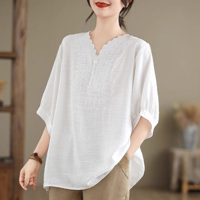Plus-size women's cotton and linen T-shirt, high-end retro loose three-quarter sleeve top, new style for mothers.
