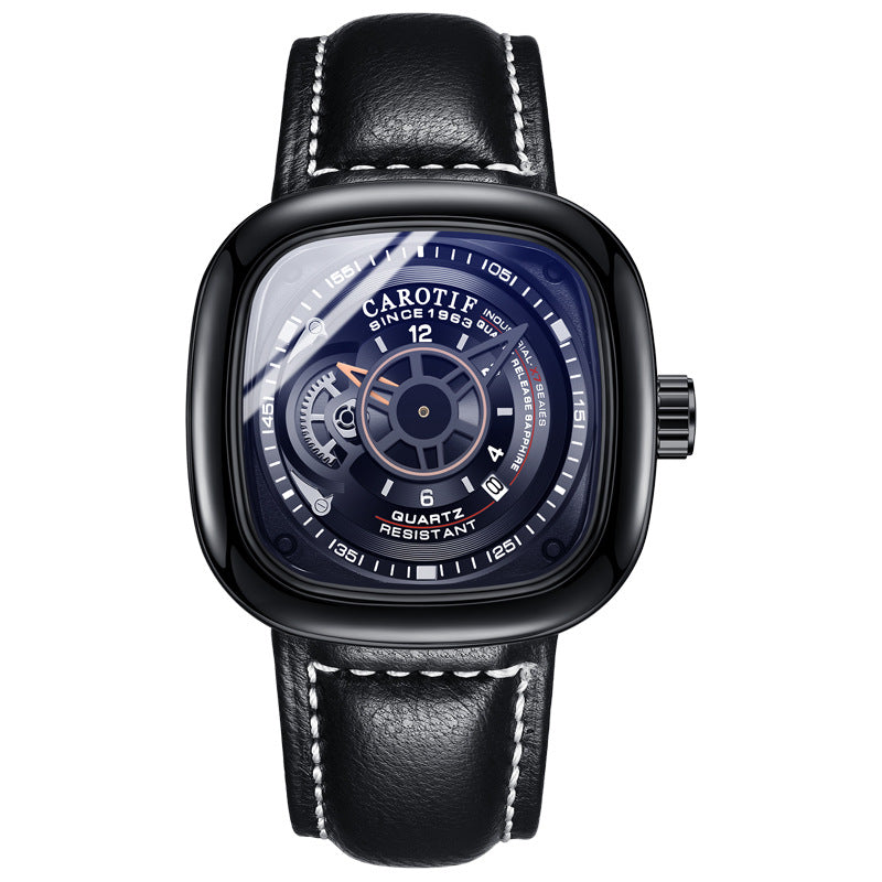 Men's Black Square Dial Quartz Watch - Waterproof, Calendar