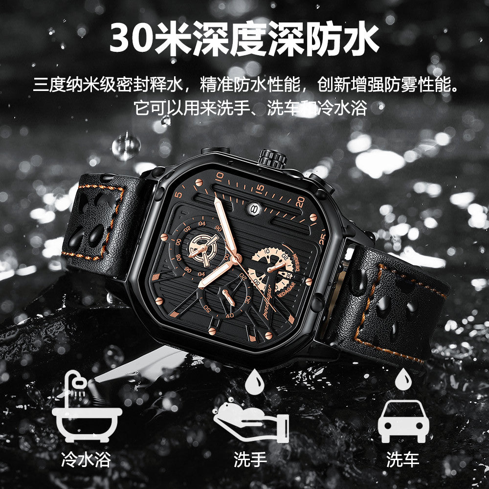 Men's Black Square Dial Quartz Watch - Leather, Waterproof