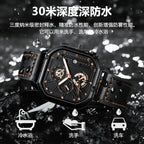 Men's Black Square Dial Quartz Watch - Leather, Waterproof