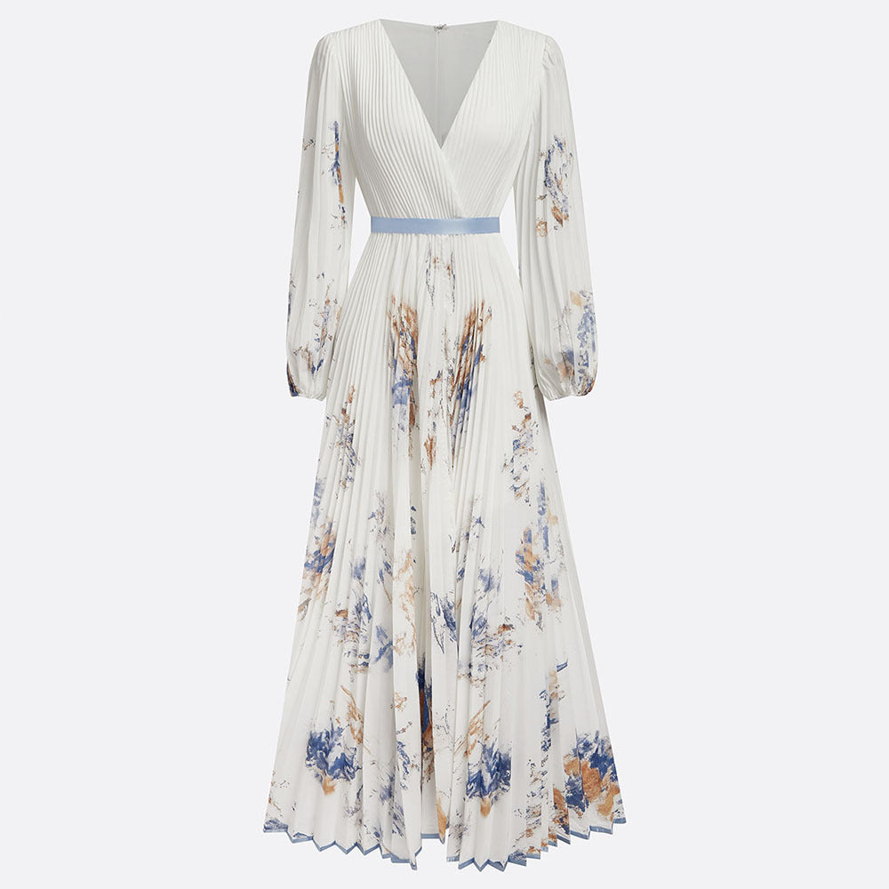 2025 European and American export women's clothing hot-selling long-sleeved printed short-sleeved resort dress, mid-length coat dress.