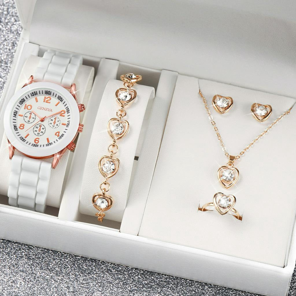 Women's White Heart-Design Quartz Watch - Silicone Strap