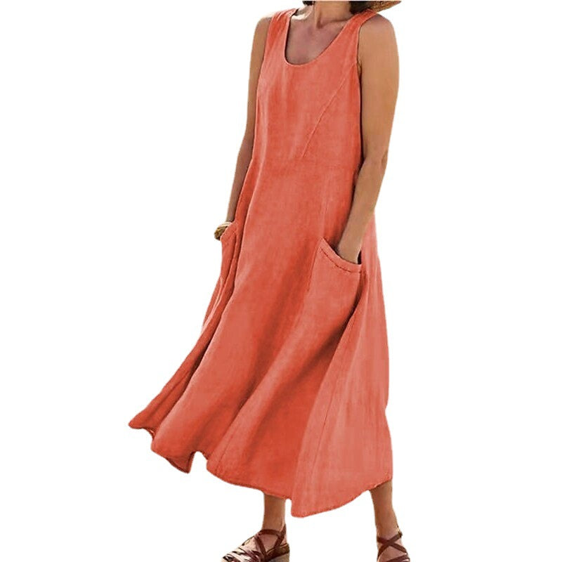 Amazon independent station wish2023 summer European and American foreign trade pocket sleeveless round neck women's cotton and linen dress