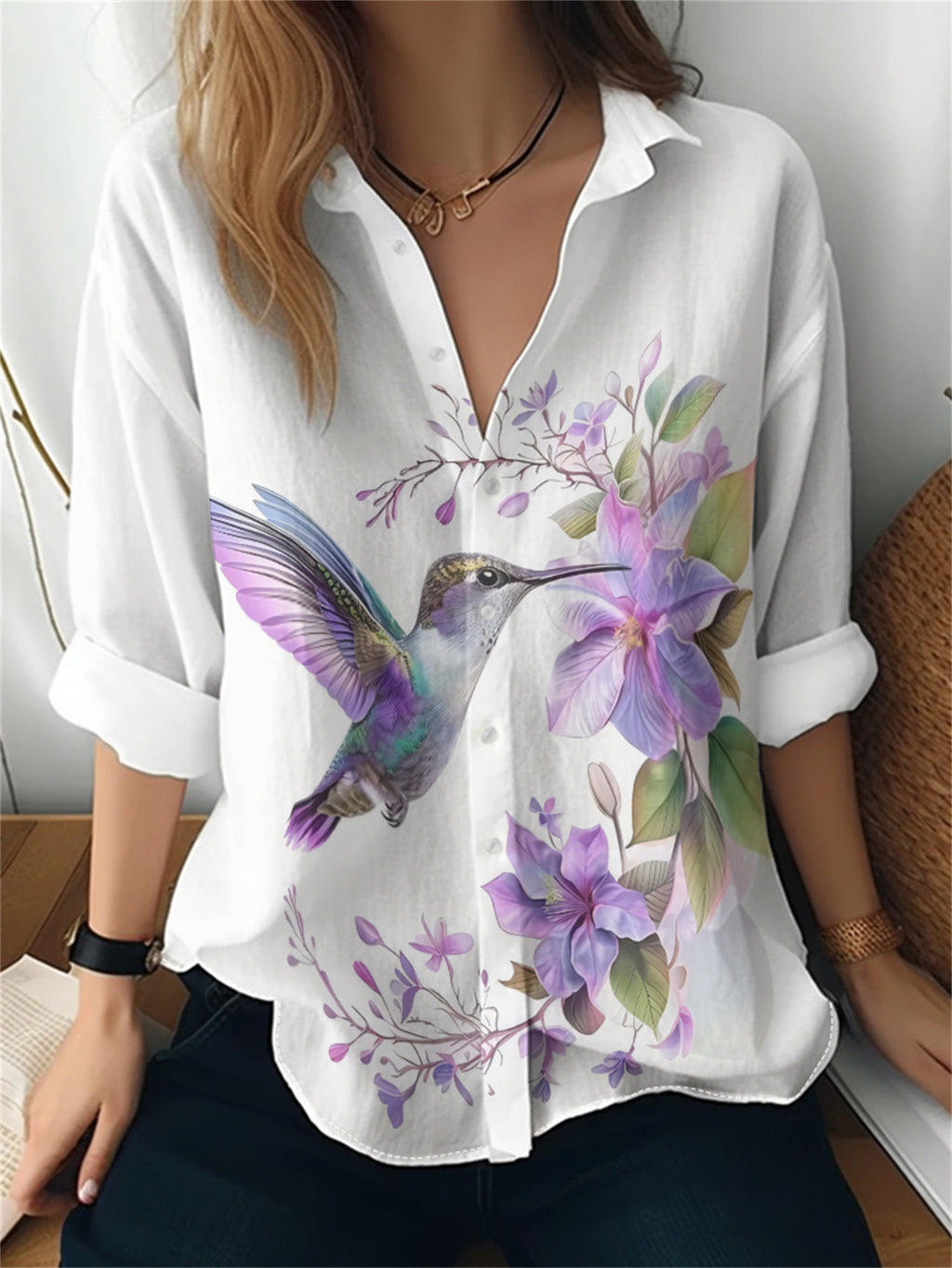 Cat cross-border Amazon European and American women's 3D printed floral pattern long-sleeved shirt women's fashion tops