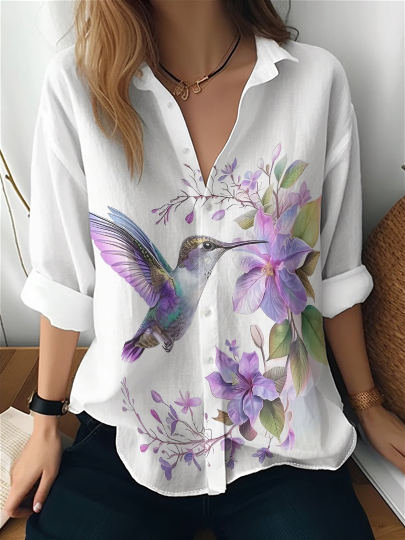 Cat cross-border Amazon European and American women's 3D printed floral pattern long-sleeved shirt women's fashion tops