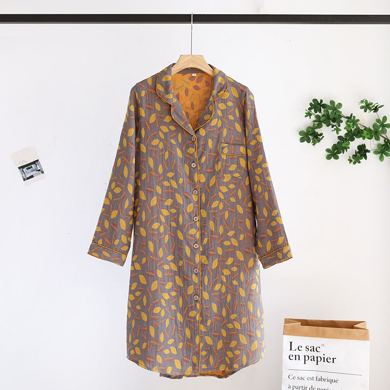 Women's cotton long-sleeved nightgown, simple plus size, double-layer gauze home dress, retro long-sleeved dress, perfect for spring and summer.