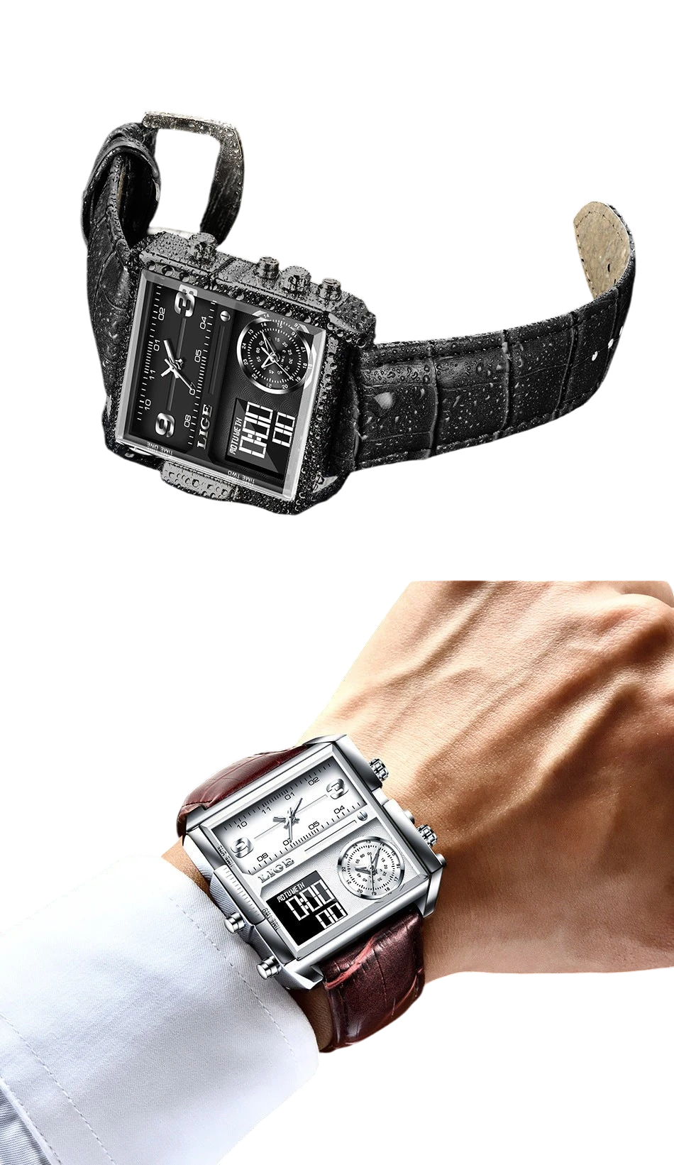LIGE new electronic quartz dual display watch men's waterproof watch multi-function electronic watch quartz watch