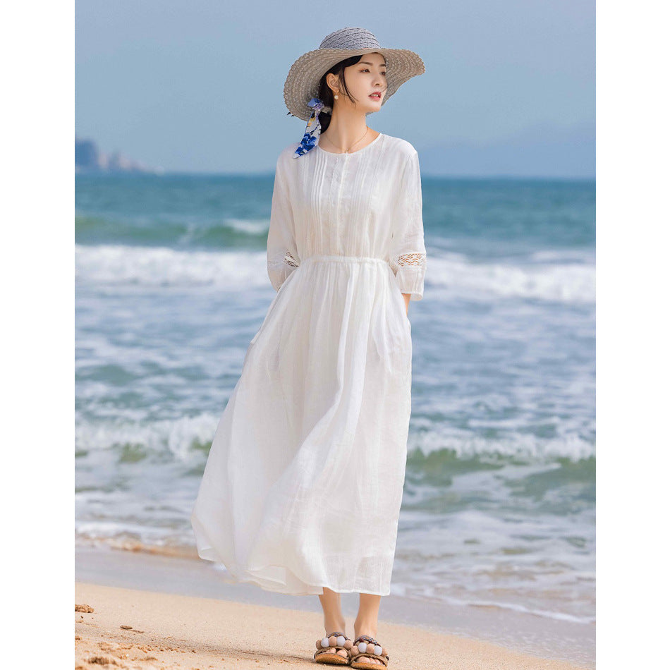 2024 Spring/Summer New Arrival: White Flowy Linen Lace-Trimmed Lantern Sleeve Tie-Waist Slimming Dress