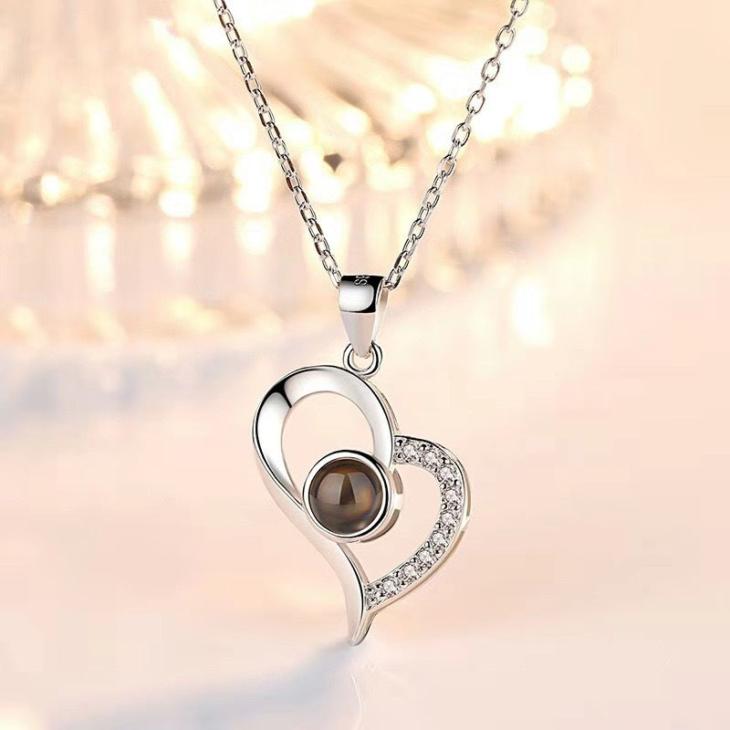 100 Languages S925 Sterling Silver Oblique Heart Memory Love Necklace I Love You Tik Tok Projection Gift No Fading