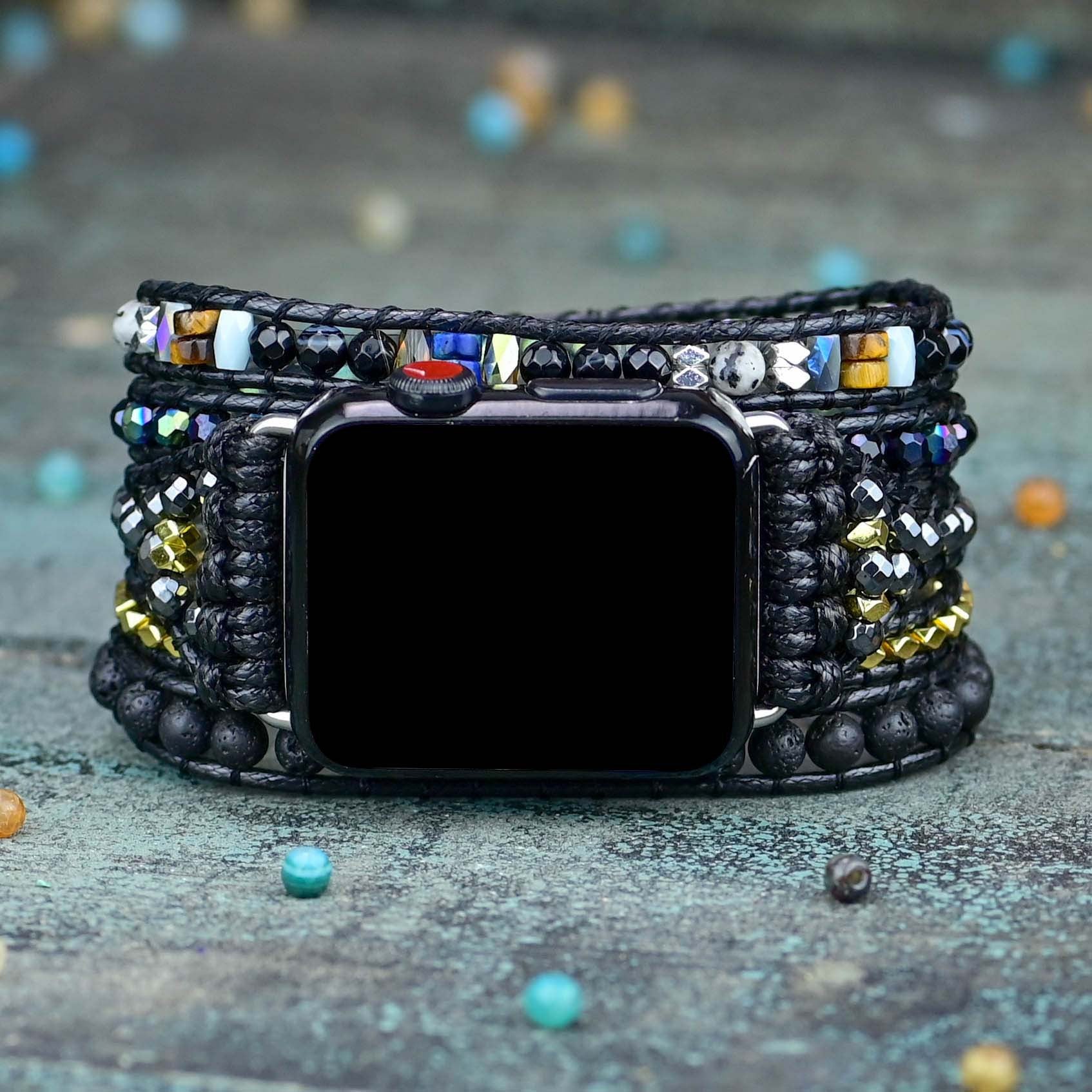 Amazon wish popular black retro braided Apple watch bracelet natural stone bead strap bracelet