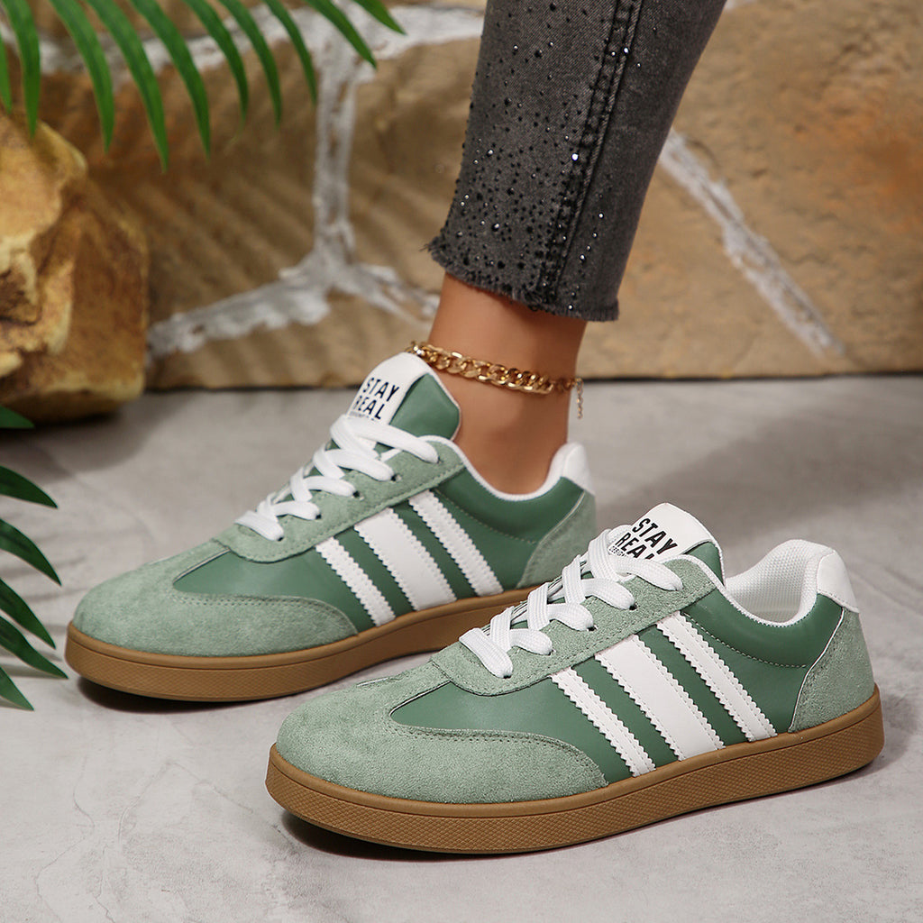 Women's Beige Flat Sneakers - Low-Top, Lace-Up