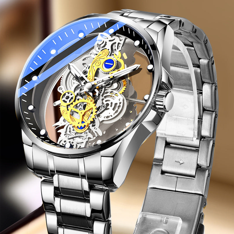 Men's Silver Skeleton Dial Quartz Watch - Steel Strap