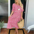 New European and American style women's clothing, best-selling summer round neck printed short-sleeved dress on Amazon independent website.