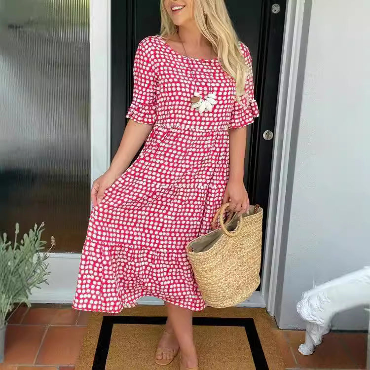 New European and American style women's clothing, best-selling summer round neck printed short-sleeved dress on Amazon independent website.