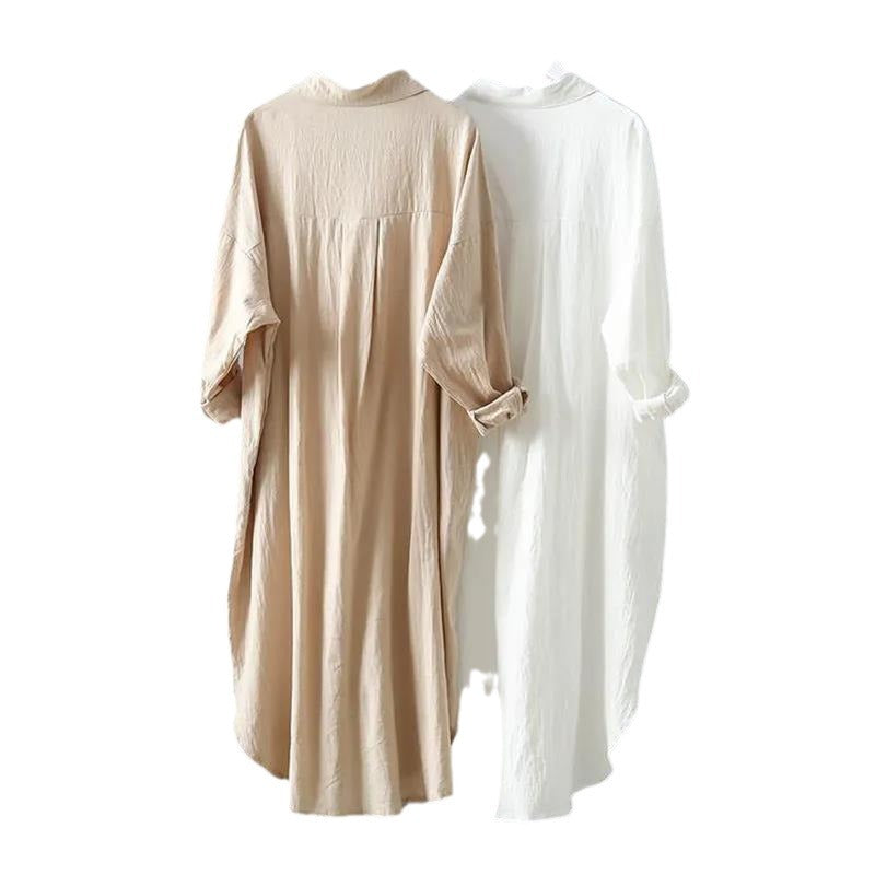 Cotton and linen sunscreen white shirt for women to wear as outerwear 2024 spring and summer new all-match loose casual tops mid-length shirt dress