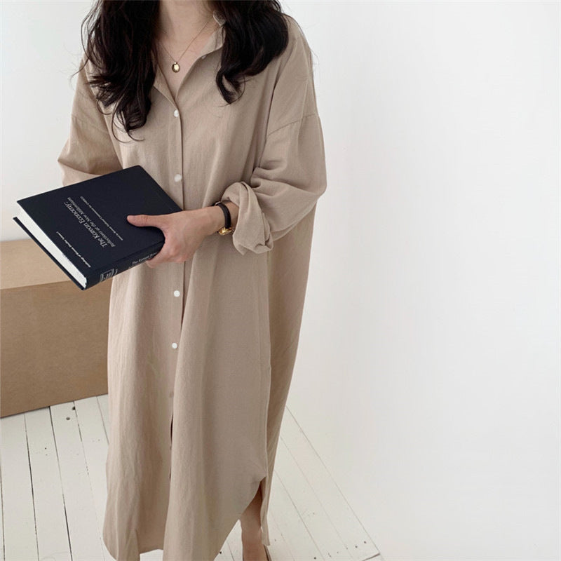 388 Korean Casual Shirt Dress 2025 Spring New Women's Clothing Plus Size Loose Shirt Dress Long Cotton Linen Export