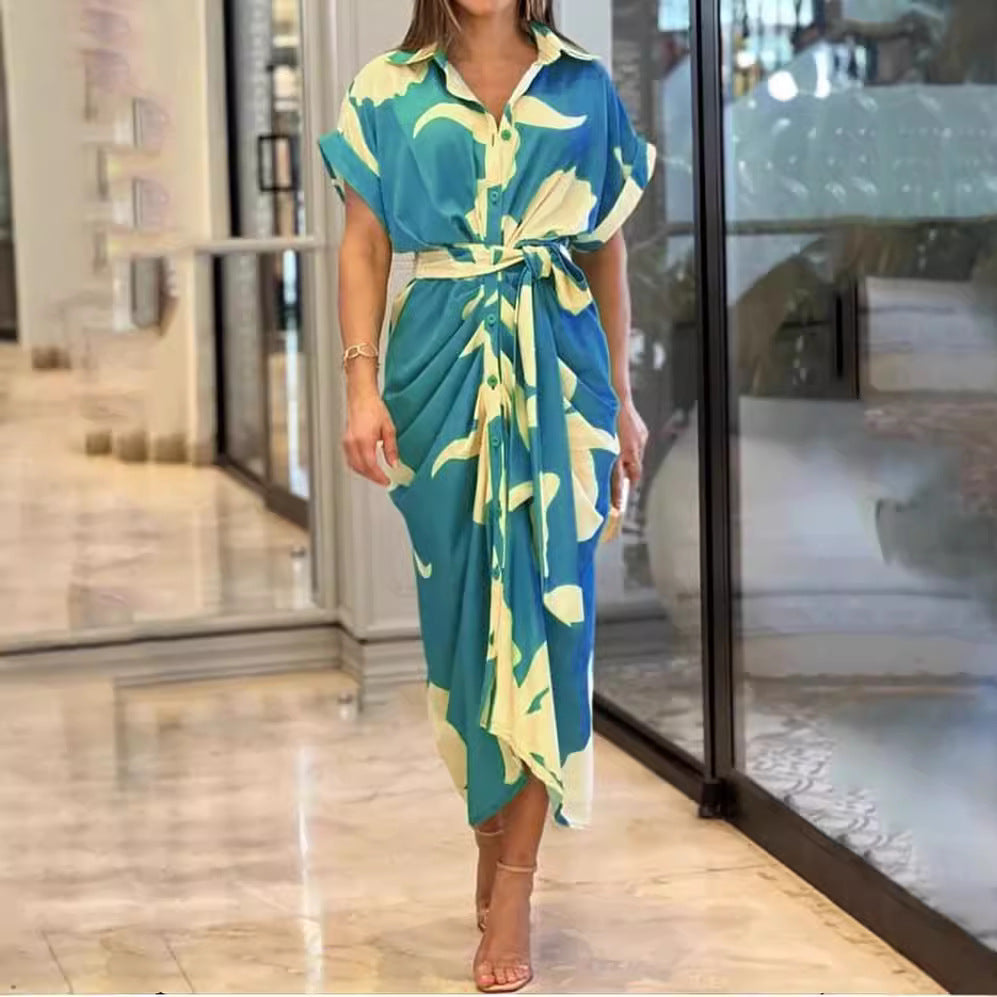 European and American cross-border 2024 Amazon summer new women's clothing printed lapel short-sleeved waist long shirt dress
