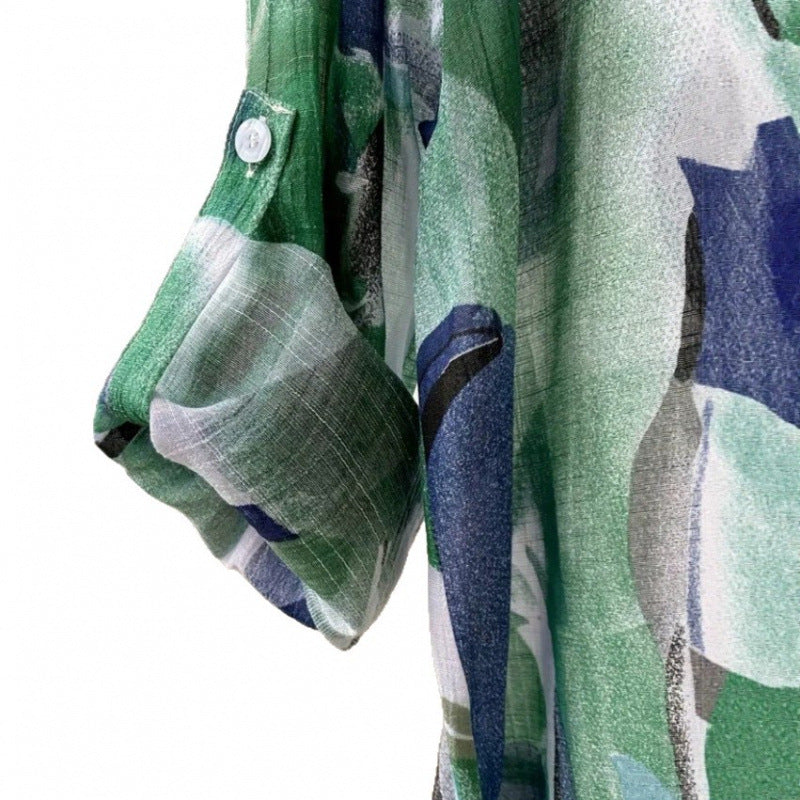 Amazon mid-length loose chiffon blouse with green and blue color blocking abstract print, lightweight and breathable, 2026 European and American cross-border style.