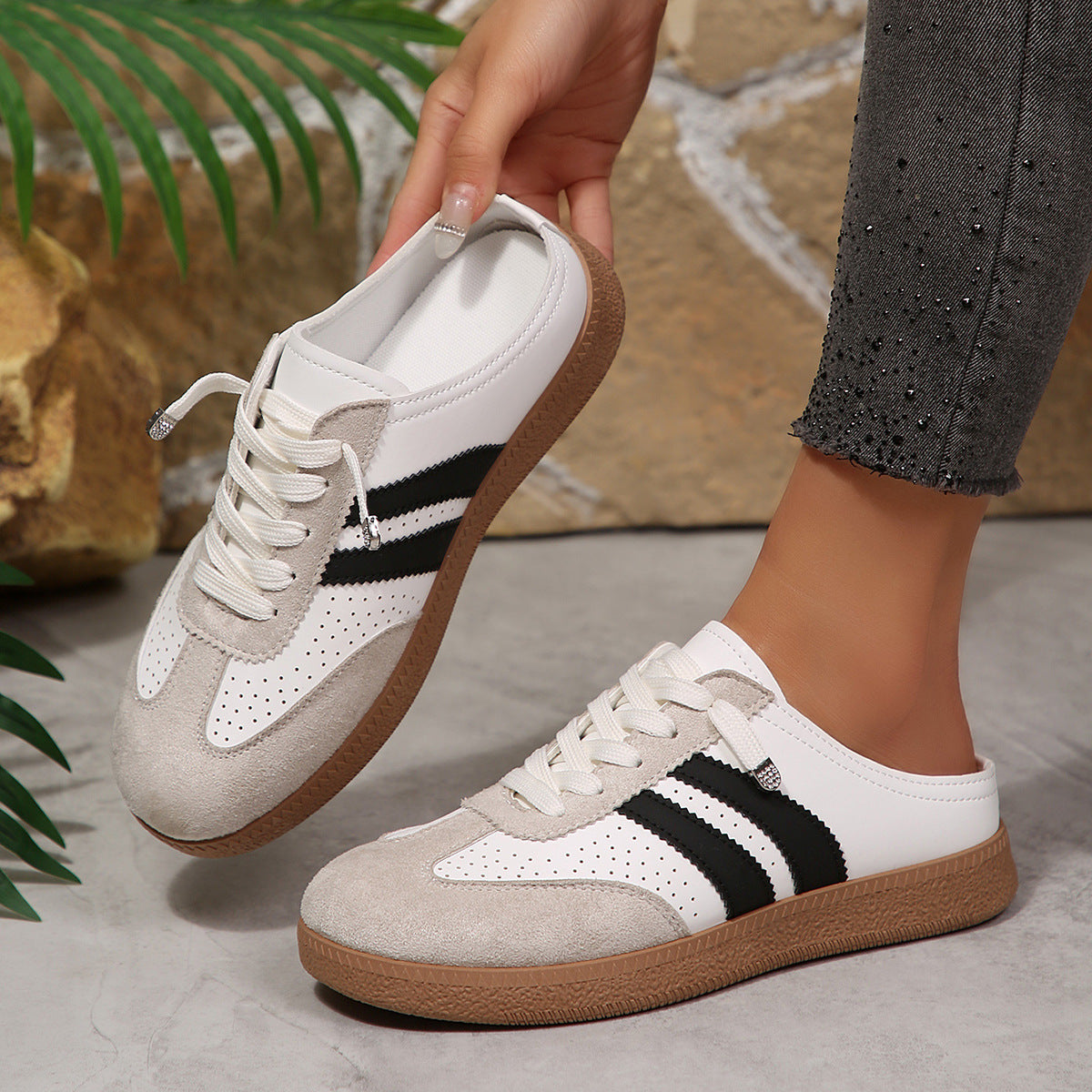 Women's Beige Flat Sneakers - Low-Top, Lace-Up