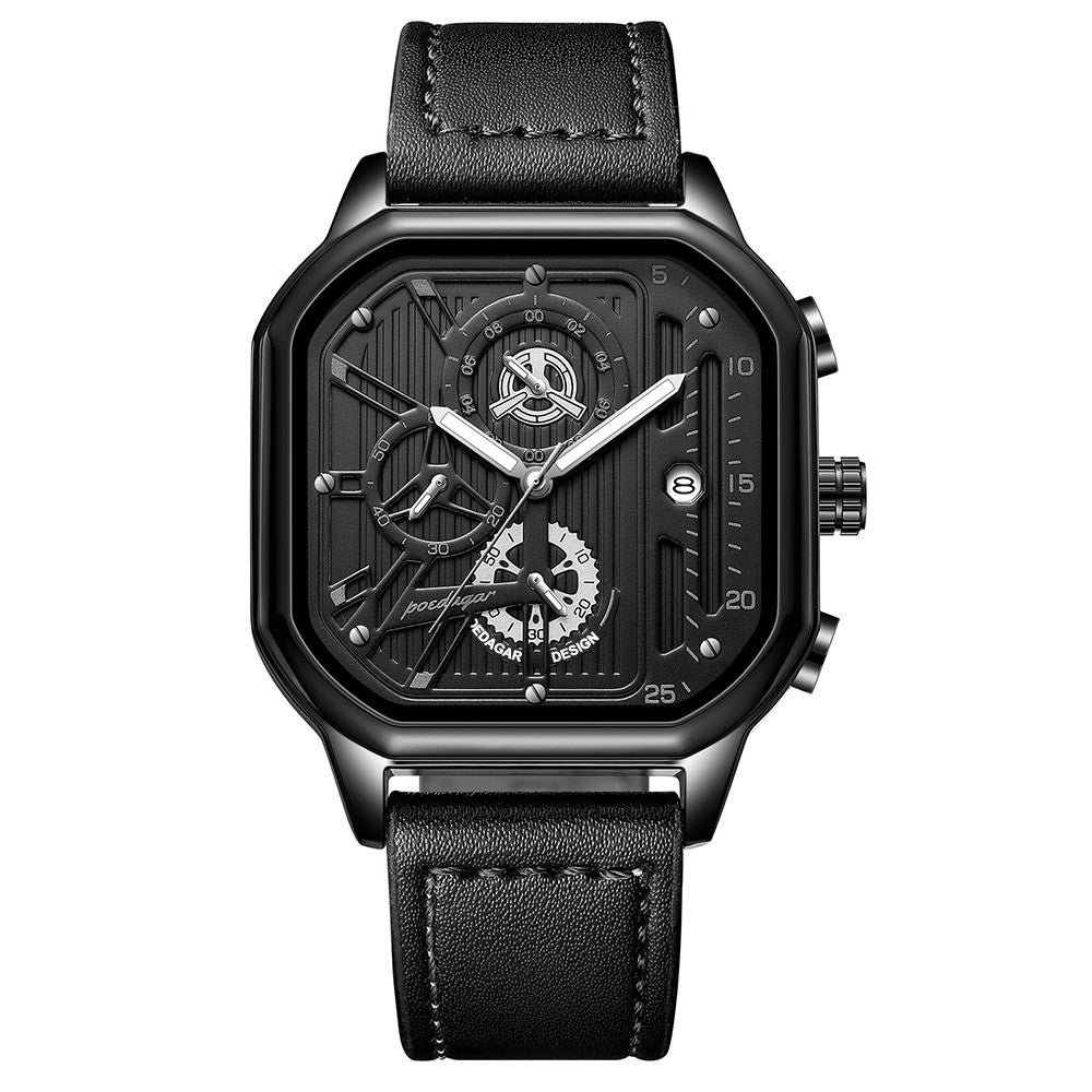 Men's Black Square Dial Quartz Watch - Leather, Waterproof