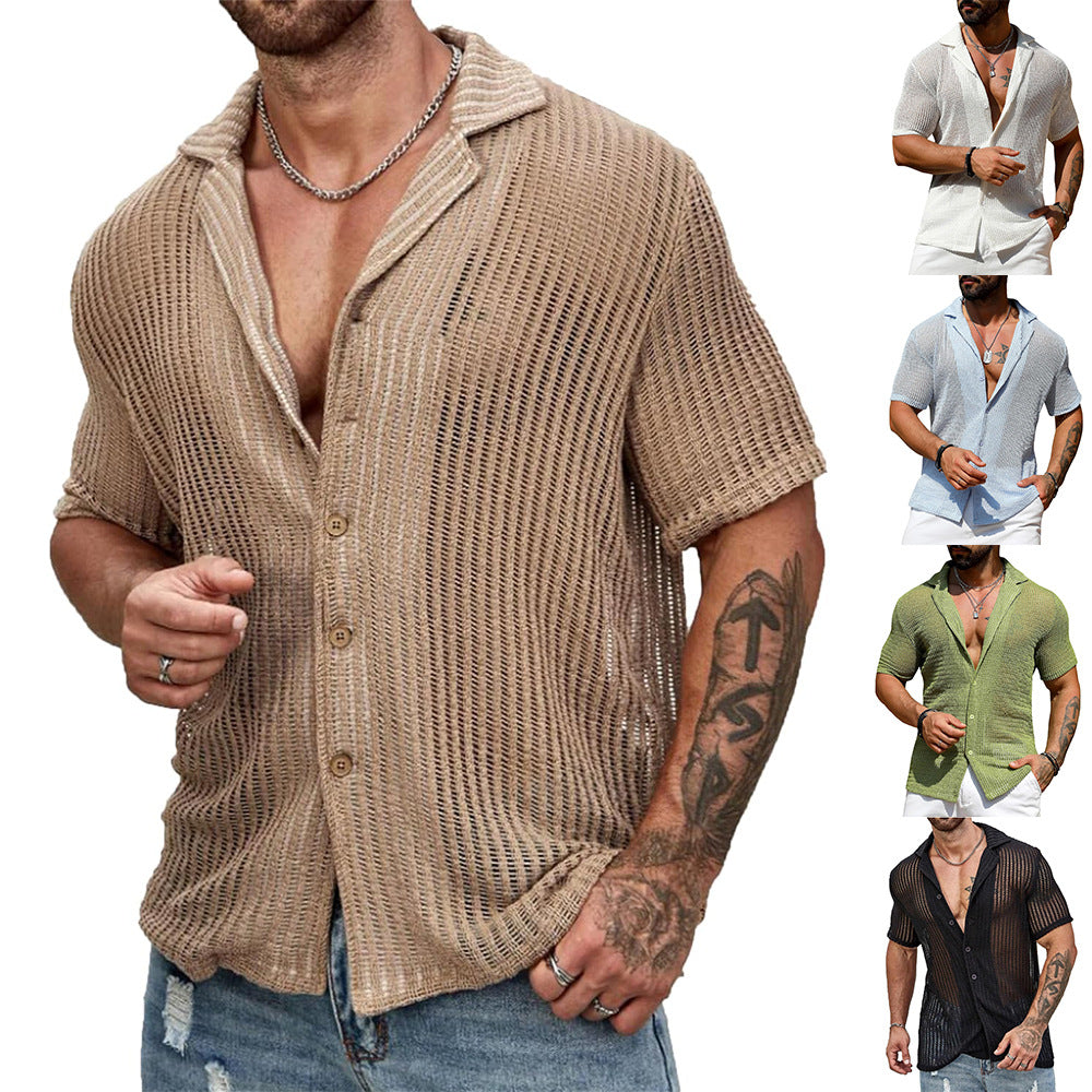 Men's White Knit Cardigan Shirt – Short Sleeve | Aladinae