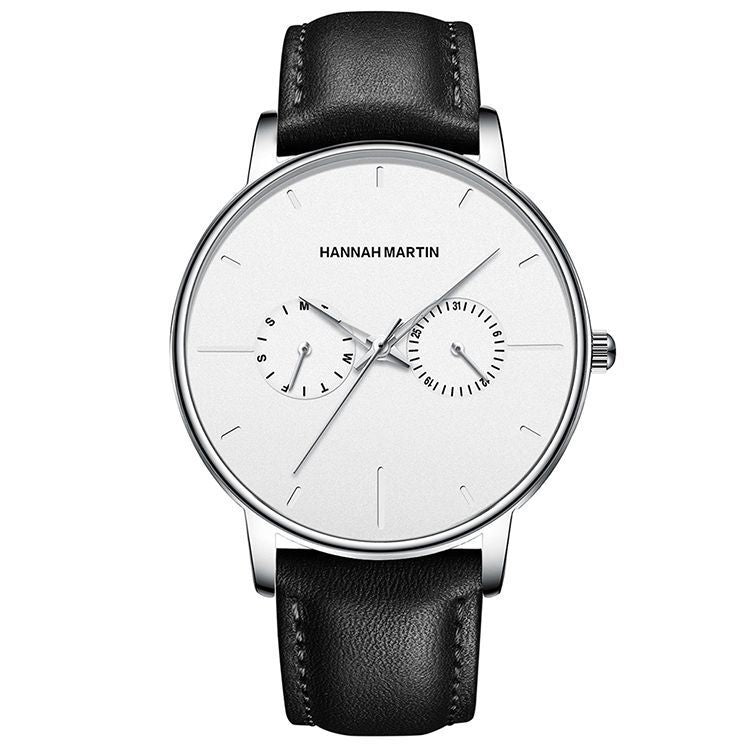 Men's multifunctional waterproof quartz watch top layer cowhide watch student trend niche brand ins business watch