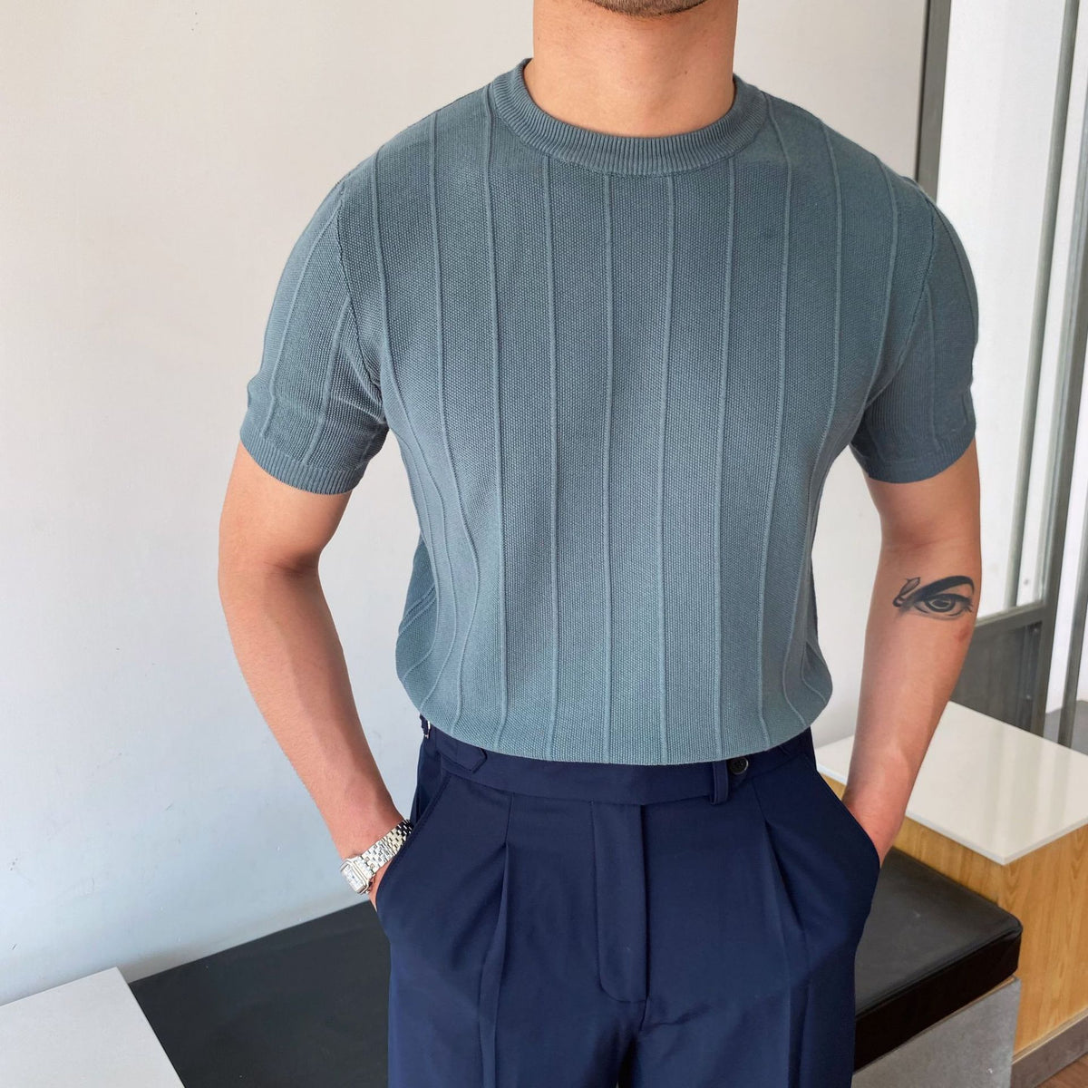 Men's Black Knit T-Shirt - Crew Neck, Short Sleeve