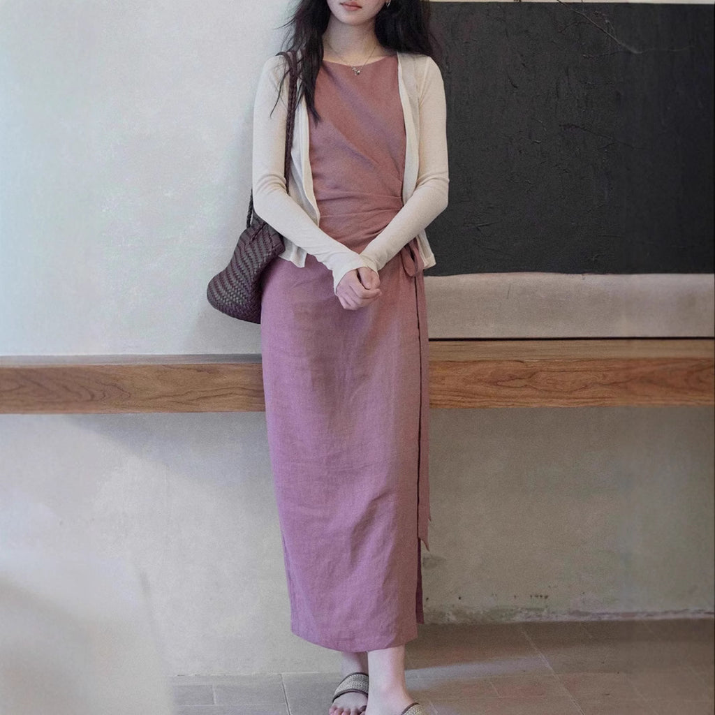 [LeWei] 100 Linen Round Neck Sleeveless Dress for Women, Summer Tie-Waist Fitted Dress, Versatile for Commuters
