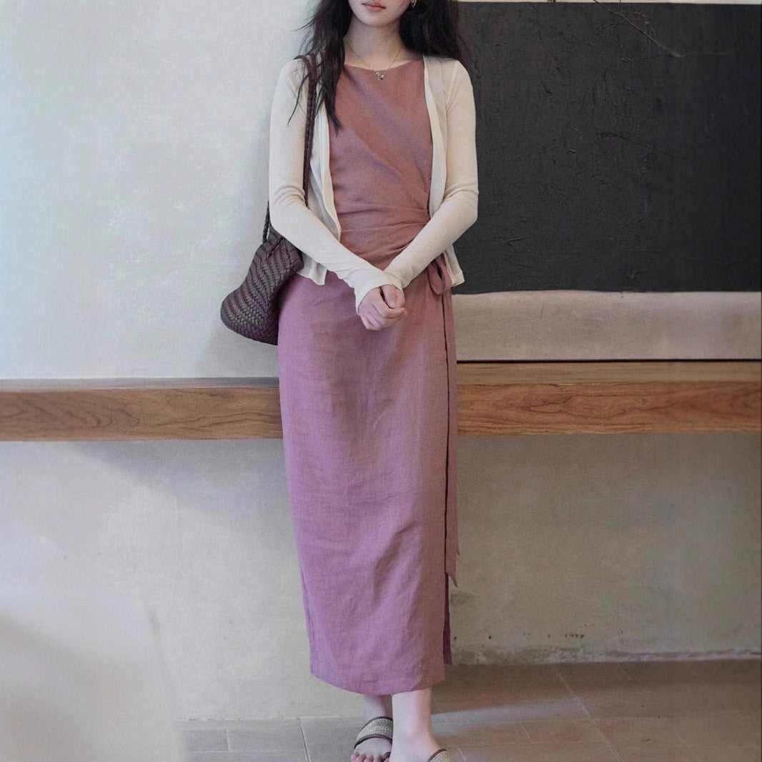 [LeWei] 100 Linen Round Neck Sleeveless Dress for Women, Summer Tie-Waist Fitted Dress, Versatile for Commuters
