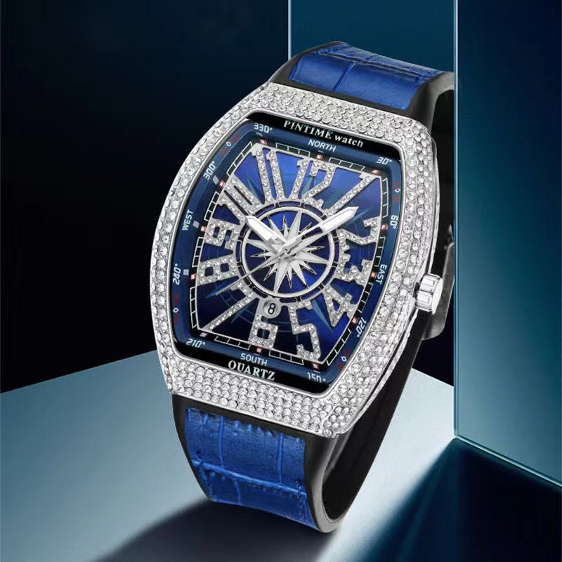 Men's Rose Blue Crystal Barrel Watch - Quartz, Leather Strap