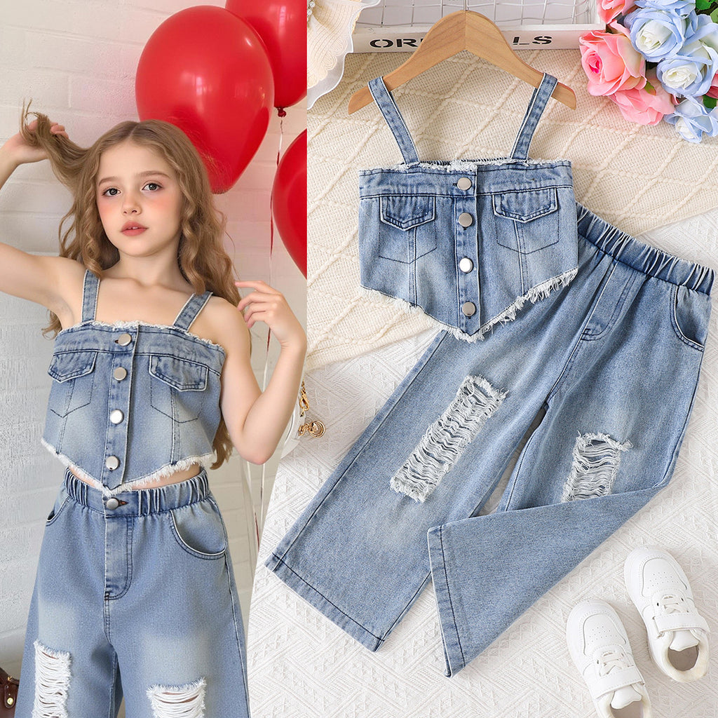 Foreign trade cross-border European and American summer sweet cool girl suits, irregular suspenders for middle-aged children, ripped denim pants suits