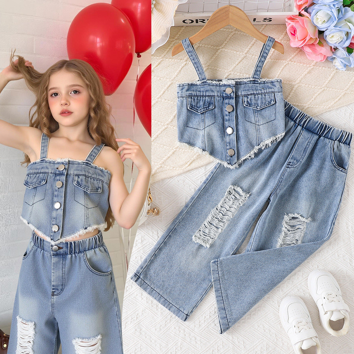 Foreign trade cross-border European and American summer sweet cool girl suits, irregular suspenders for middle-aged children, ripped denim pants suits