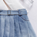 Foreign trade cross-border European and American summer hot selling temperament girl suit solid color one shoulder sling long sleeve pleated skirt short skirt