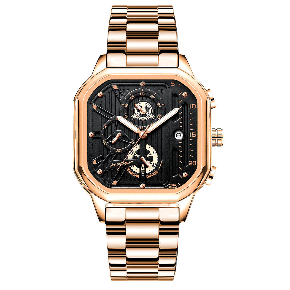 Men's Black Square Dial Quartz Watch - Leather, Waterproof