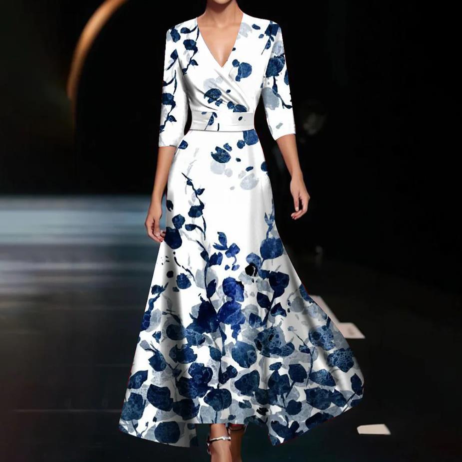 2024 summer new European and American cross-border Amazon temperament women's clothing cross V-neck three-quarter sleeve women's long dress
