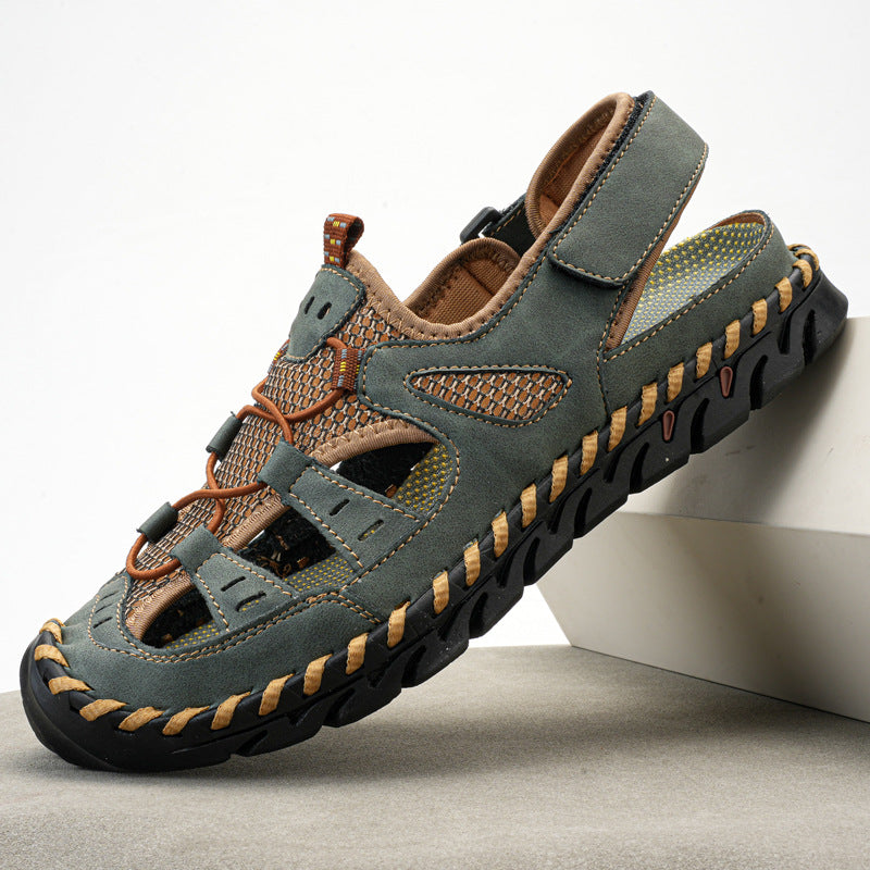 Cross-border foreign trade men's handmade Velcro beach sandals men's summer leisure outdoor real cowhide mesh breathable shoes