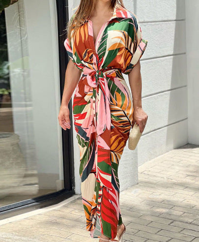 European and American cross-border 2024 Amazon summer new women's clothing printed lapel short-sleeved waist long shirt dress