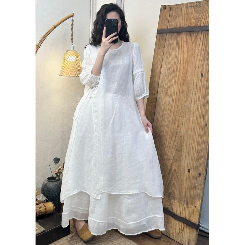 2026 Summer New Retro Niche Pure Ramie Handmade Chinese Style Dress with Folded Buttons and Tie