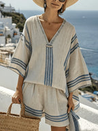 2026 European and American New Style Striped Casual V-neck T-shirt and Linen-style Set with Loose Shorts